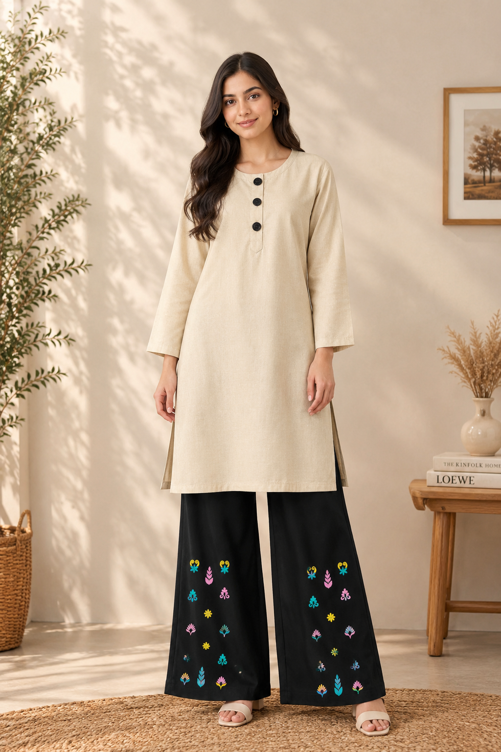 Beige Button-Detail Shirt & Black Embroidered Wide-Leg Pants Set