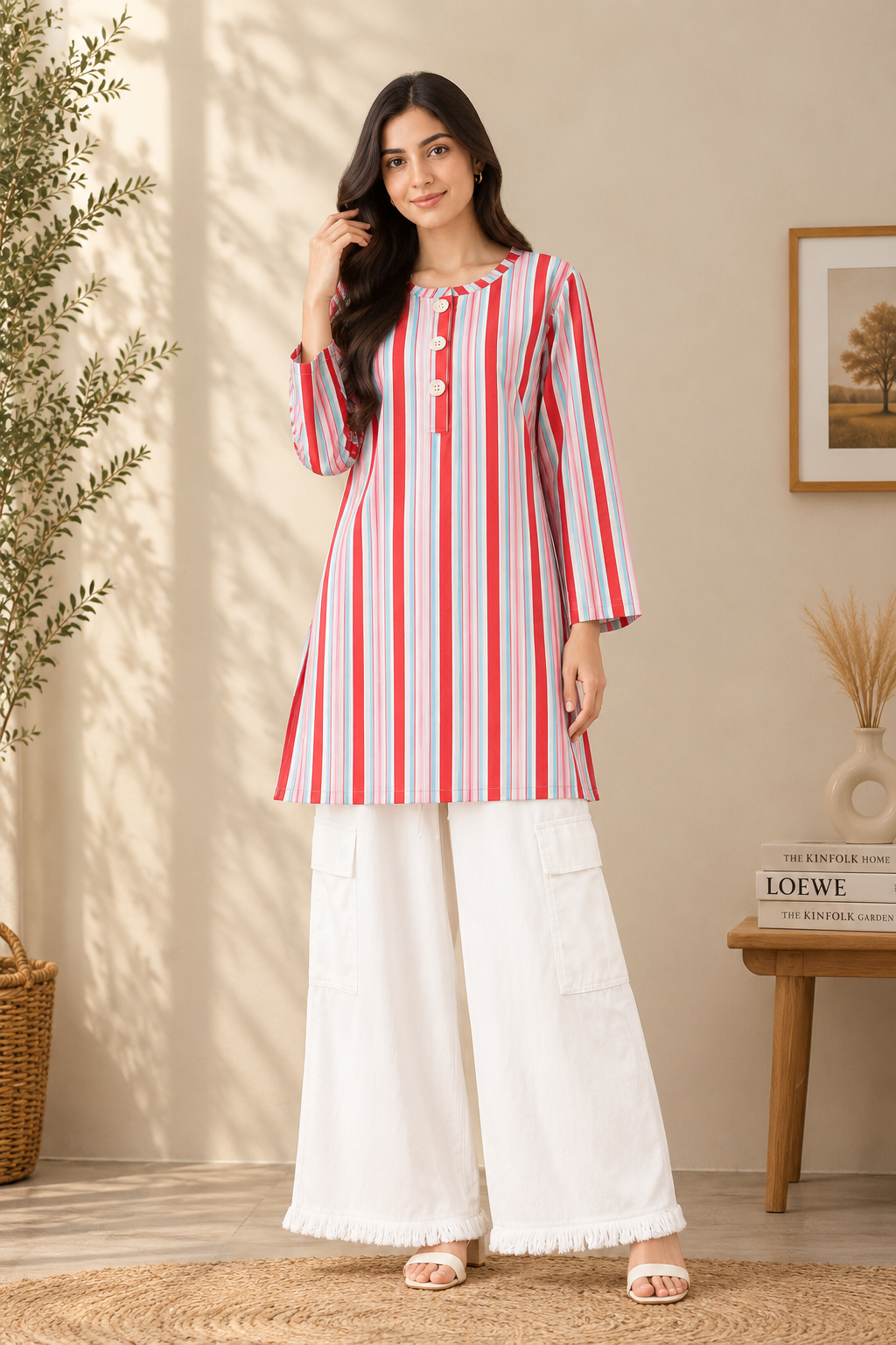Red Striped Shirt & White Cargo Pants Co-Ord Set