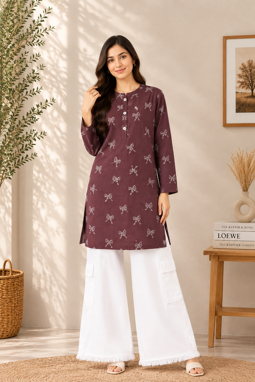 Maroon Printed Cotton Shirt & White Cargo Pants Set