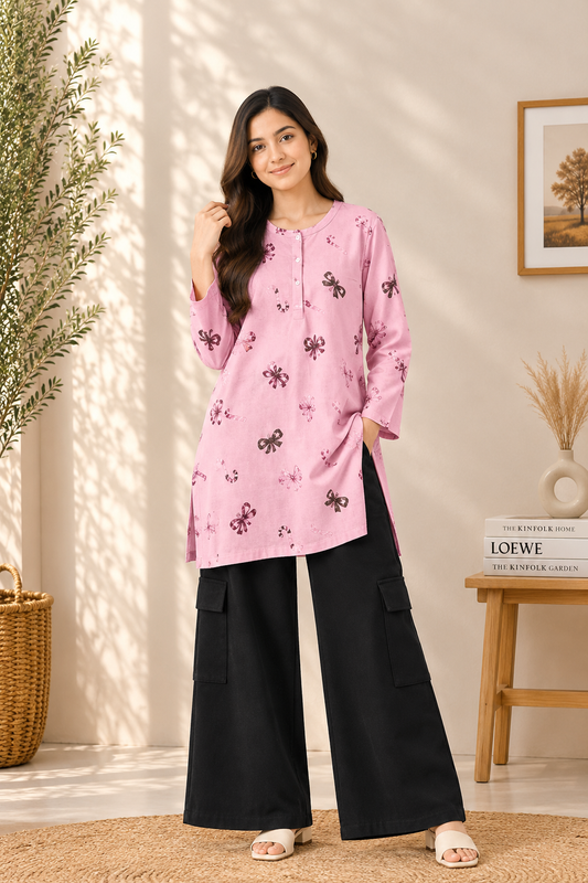 Pink Printed Cotton Shirt & Black Cargo Pants Set