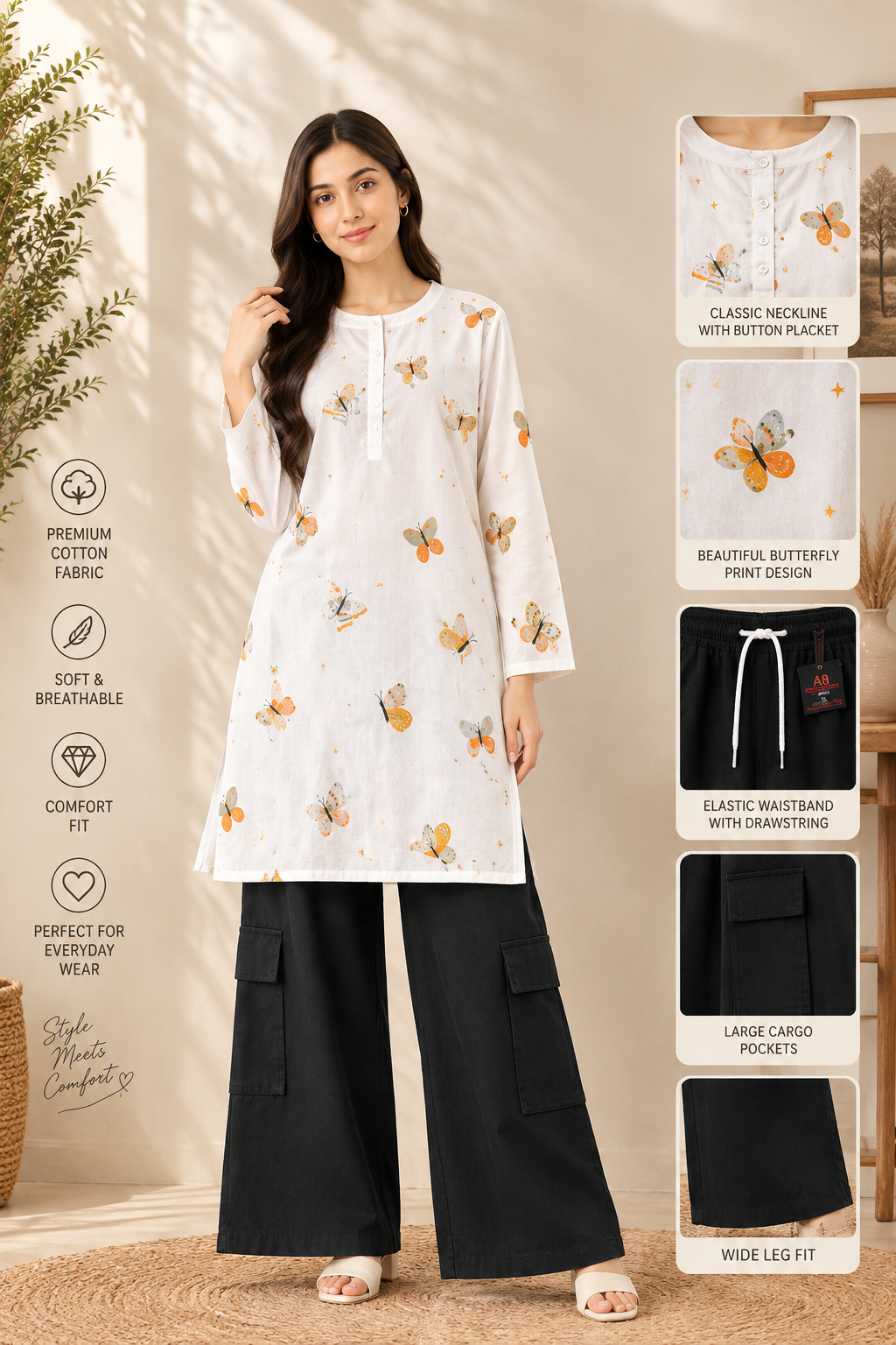 White Butterfly Printed Cotton Shirt & Black Cargo Pants Set