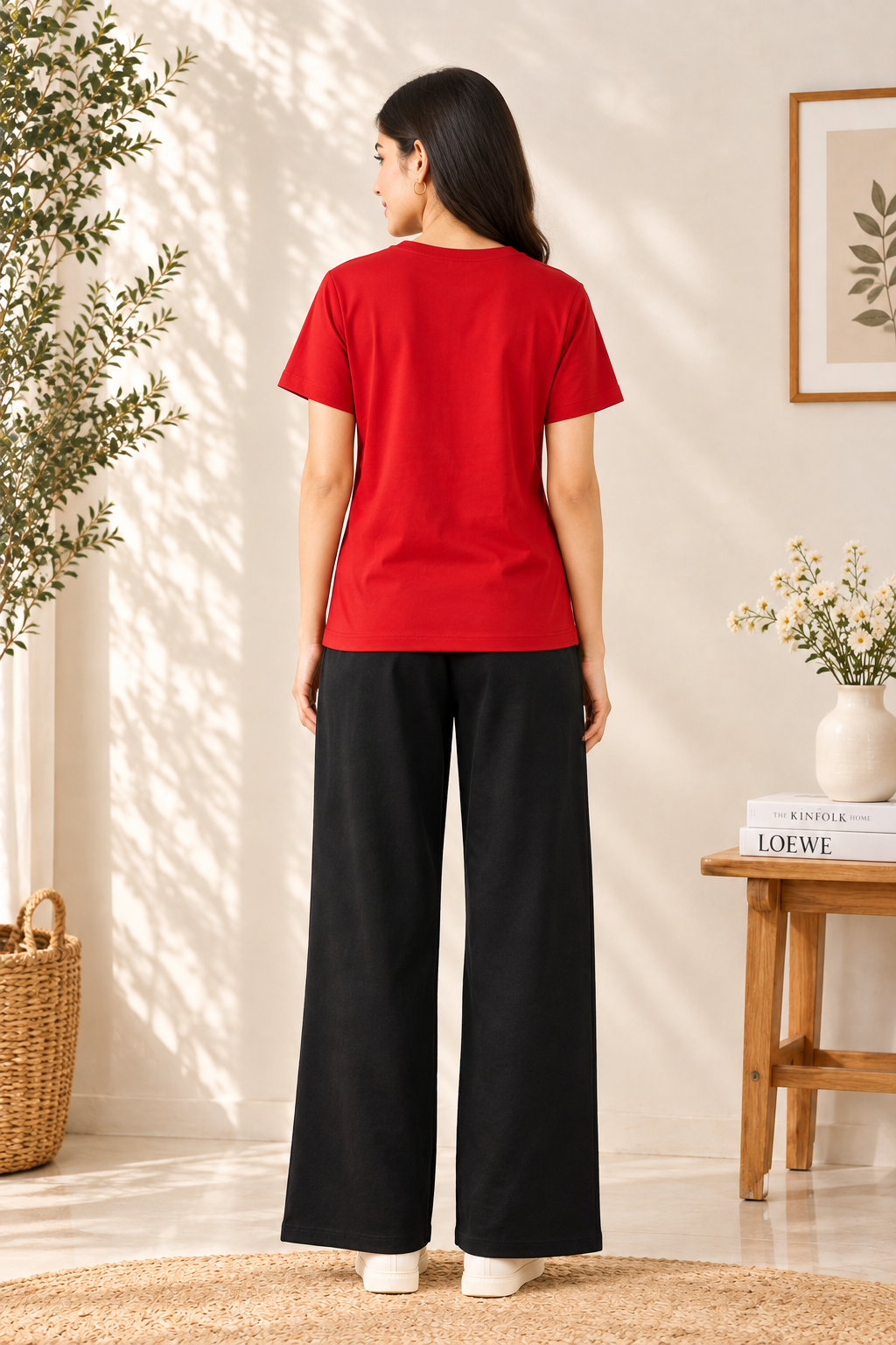 Red Butterfly Print Cotton Jersey T-Shirt & Black Pajama Set