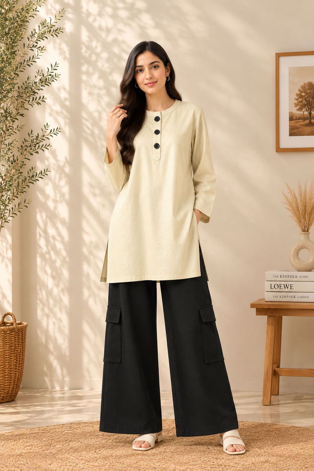 Cream Cotton Shirt & Black Cargo Pants Set
