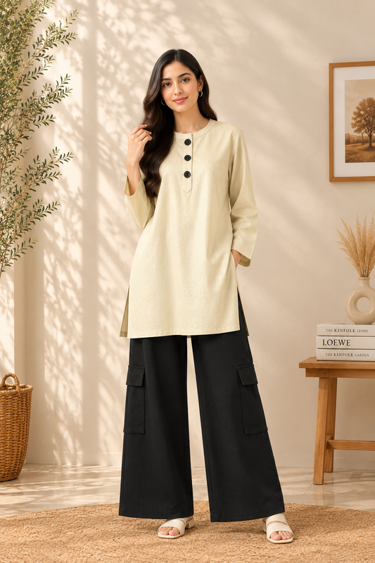 Cream Cotton Shirt & Black Cargo Pants Set