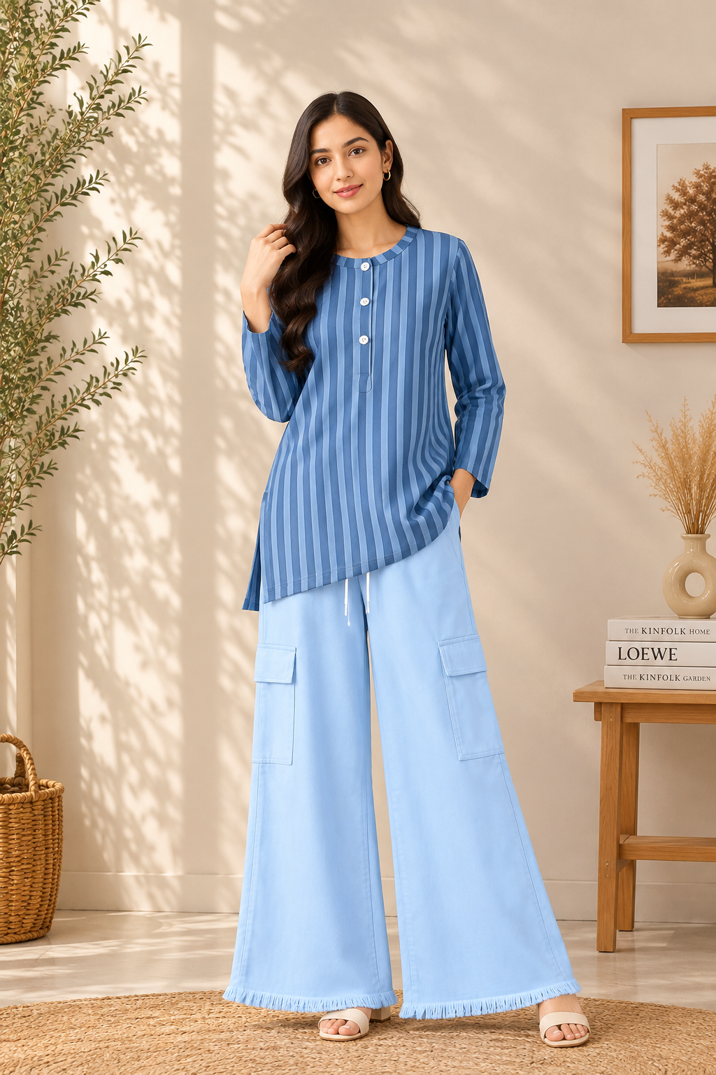 Blue Striped Cotton Shirt & Light Blue Cargo Pants Set
