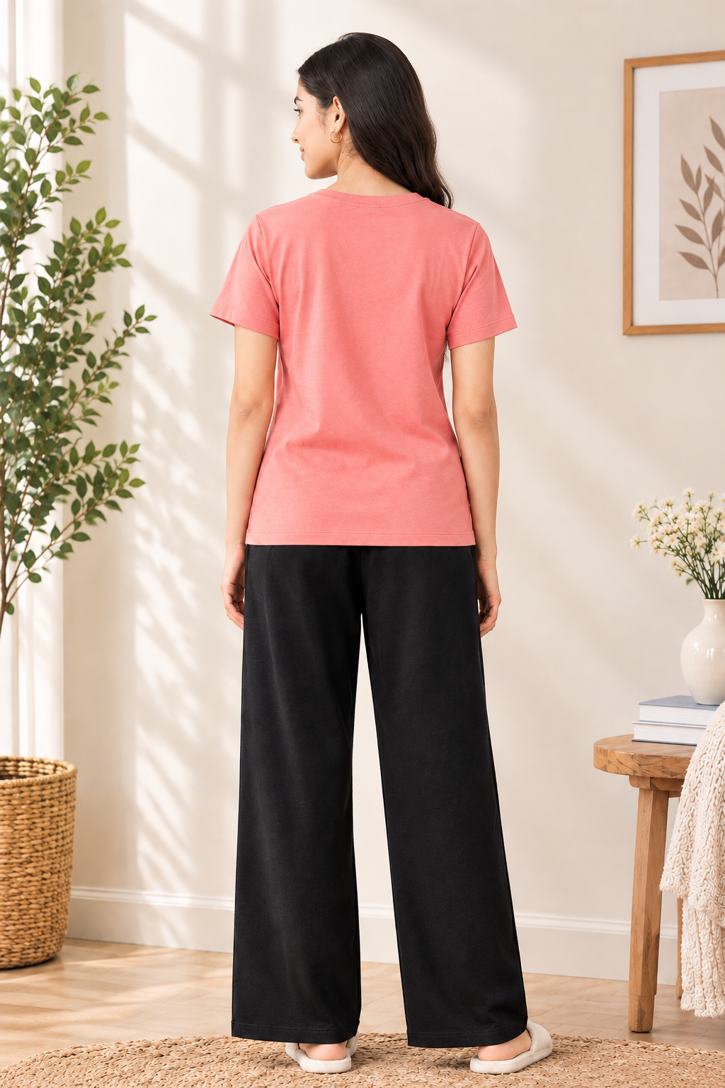 Peach Butterfly Print Cotton Jersey T-Shirt & Black Pajama Set