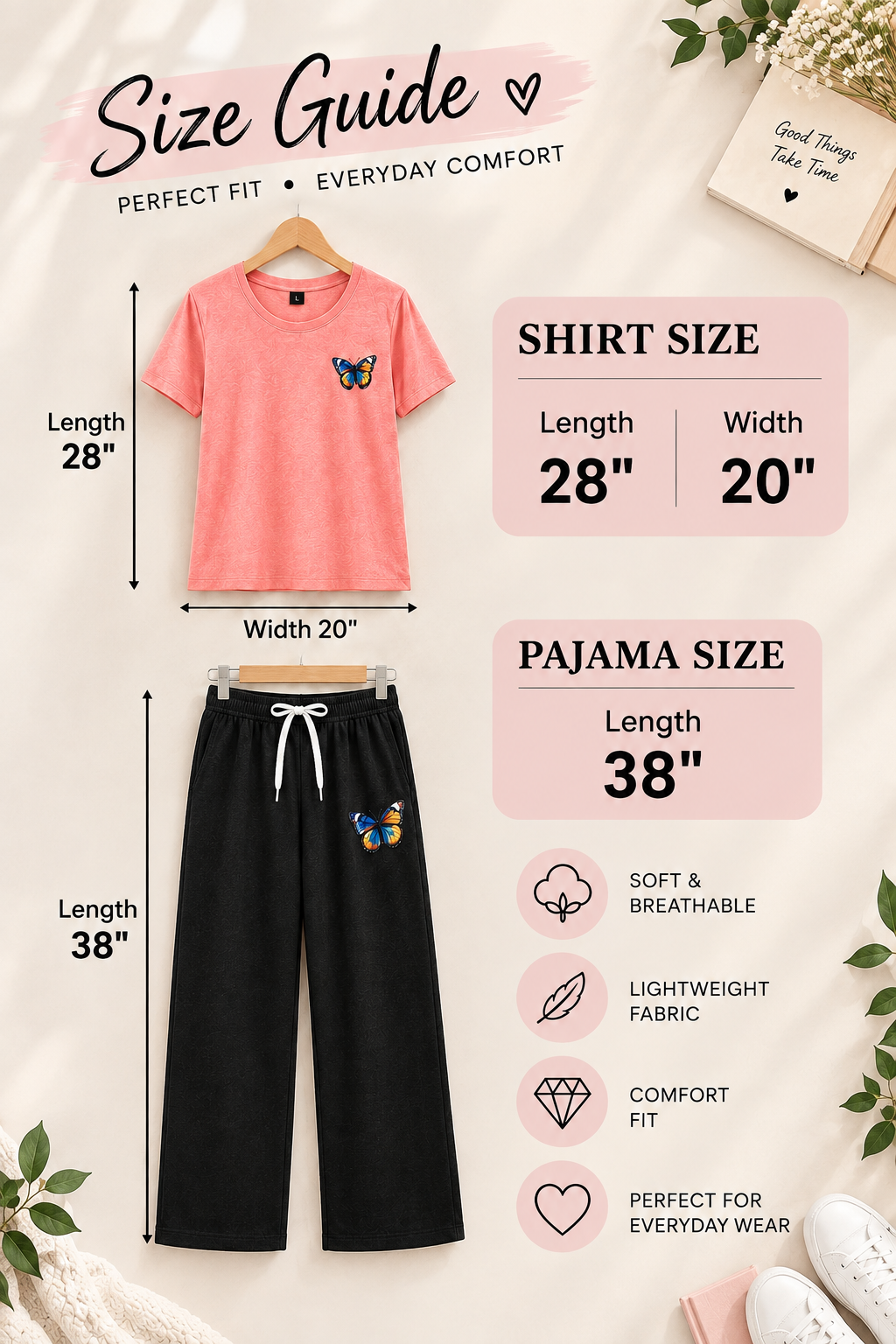 Peach Butterfly Print Cotton Jersey T-Shirt & Black Pajama Set