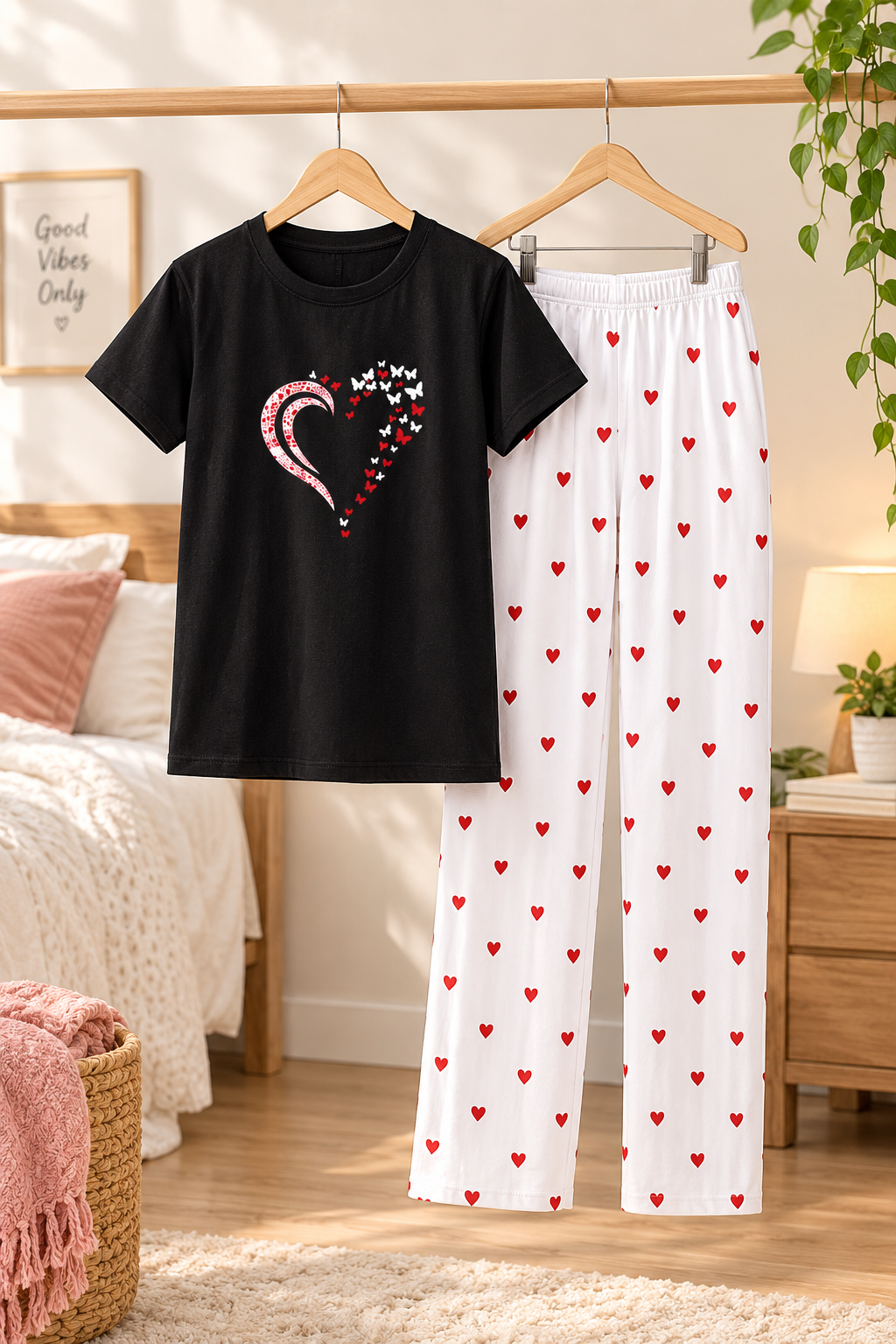 Black Heart Print Cotton Jersey T-Shirt & White Pajama Set