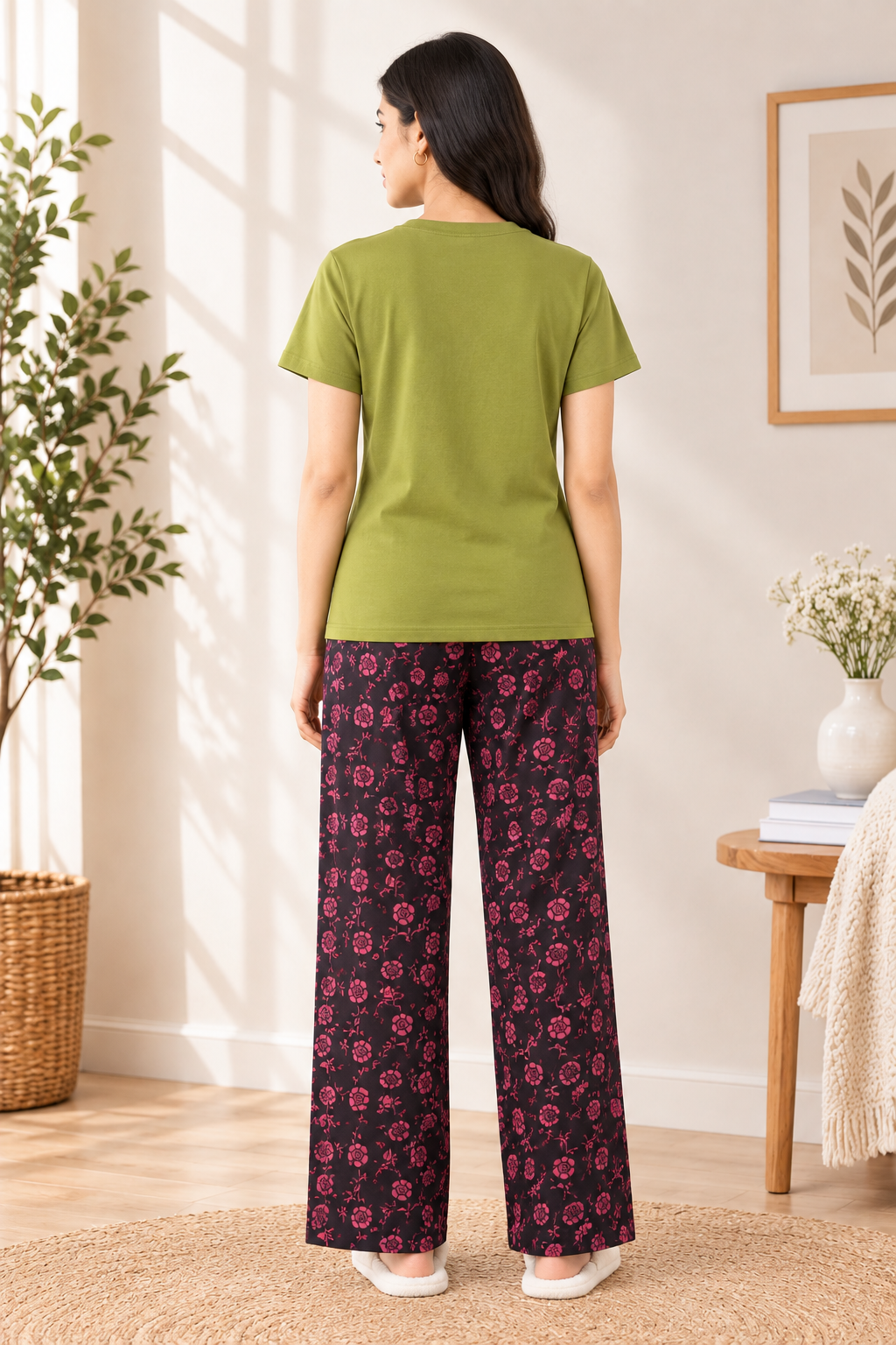 Olive Green Floral Cotton Jersey Ladies Night Suit