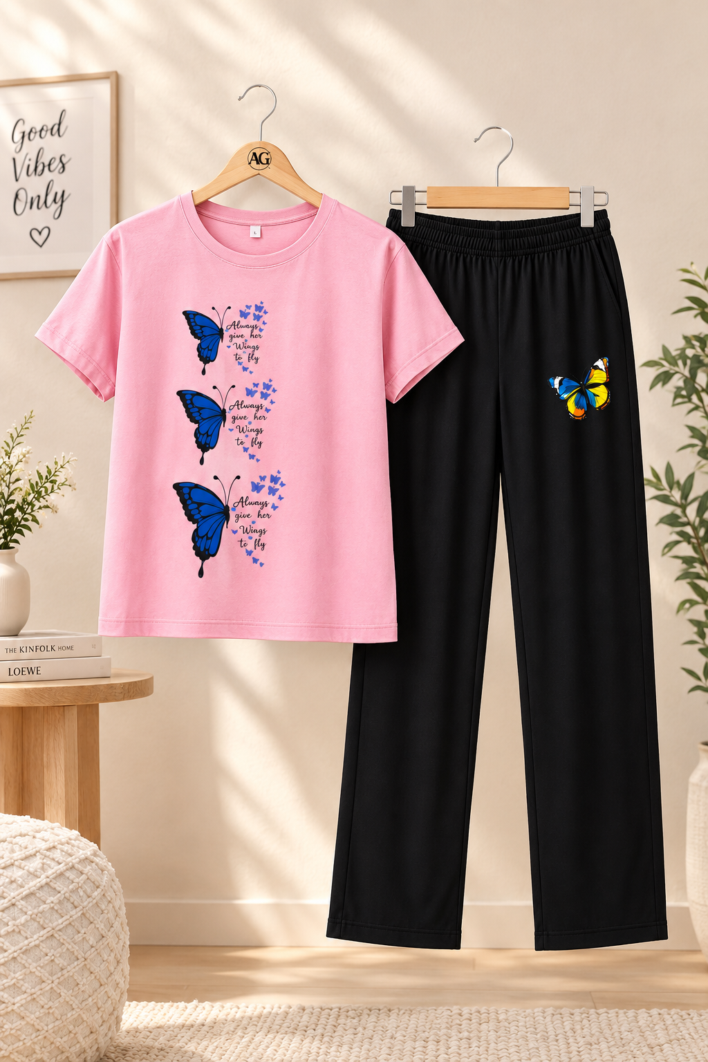 Pink Butterfly Print Cotton Jersey Ladies Night Suit