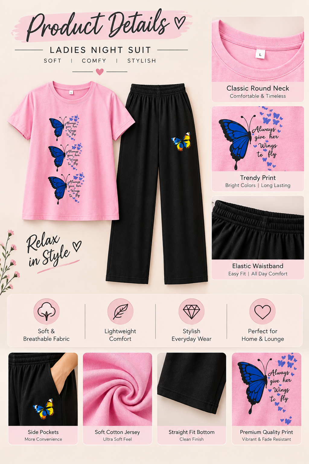 Pink Butterfly Print Cotton Jersey Ladies Night Suit