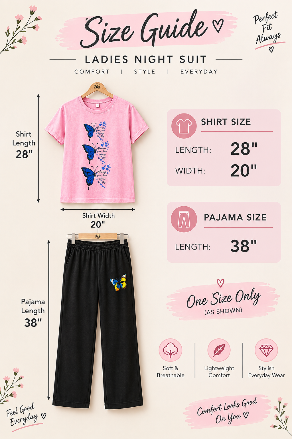 Pink Butterfly Print Cotton Jersey Ladies Night Suit