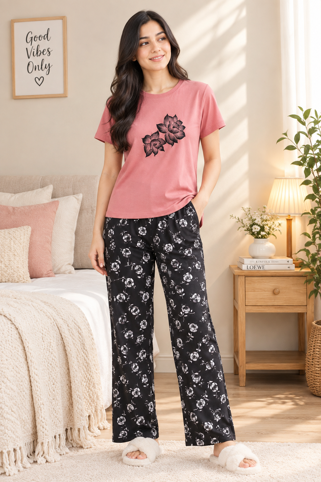 Pink Floral Print Cotton Jersey Ladies Night Suit