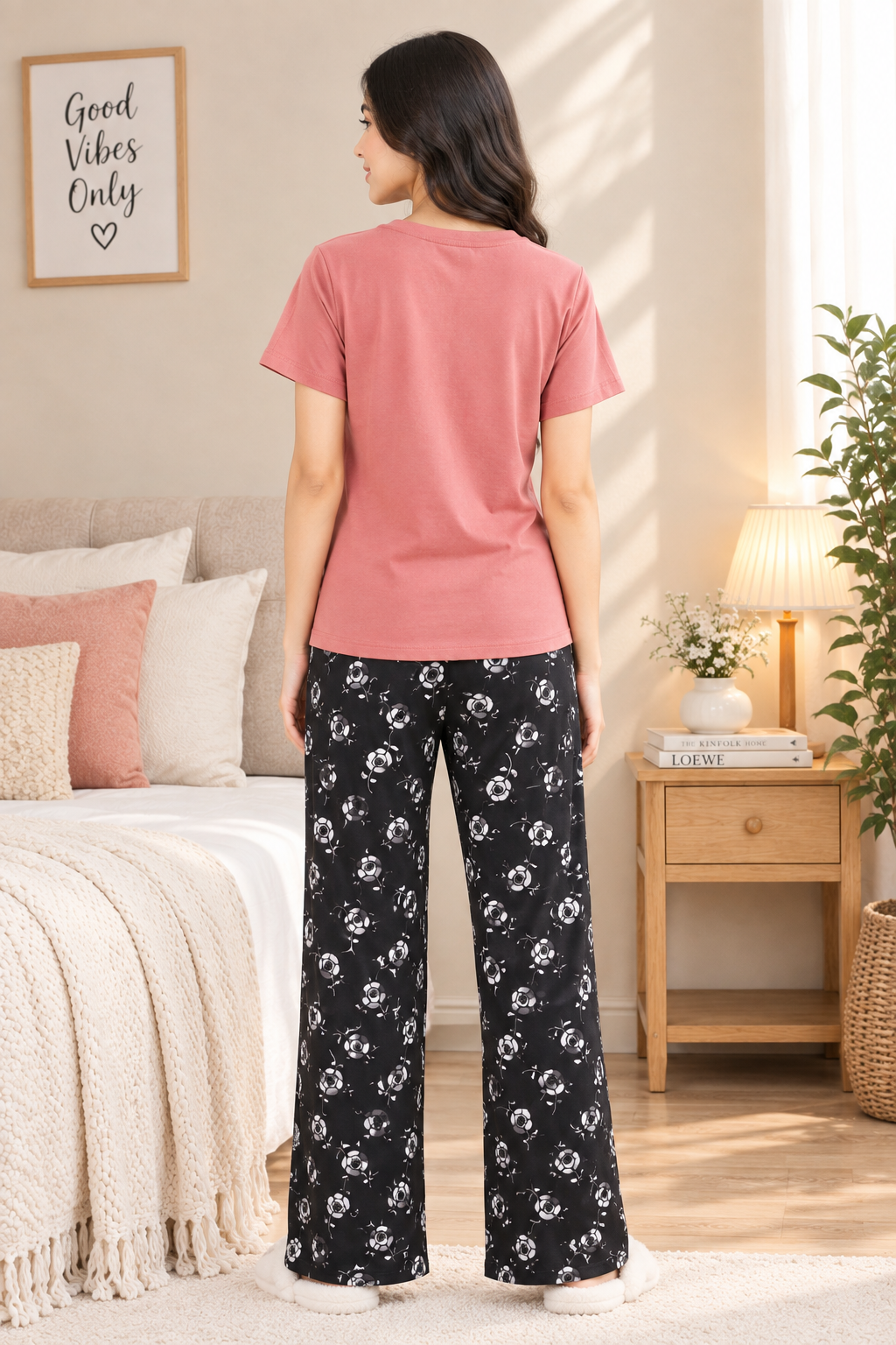 Pink Floral Print Cotton Jersey Ladies Night Suit