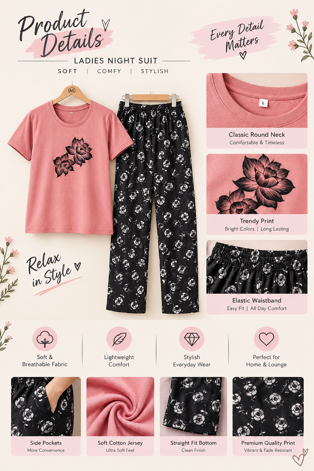 Pink Floral Print Cotton Jersey Ladies Night Suit