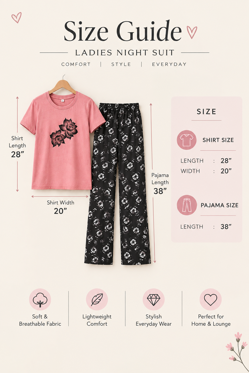 Pink Floral Print Cotton Jersey Ladies Night Suit