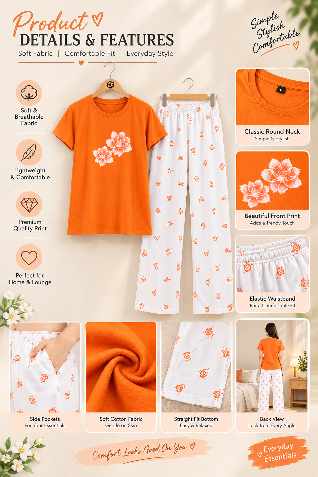 Orange Floral Print Cotton Jersey Ladies Night Suit