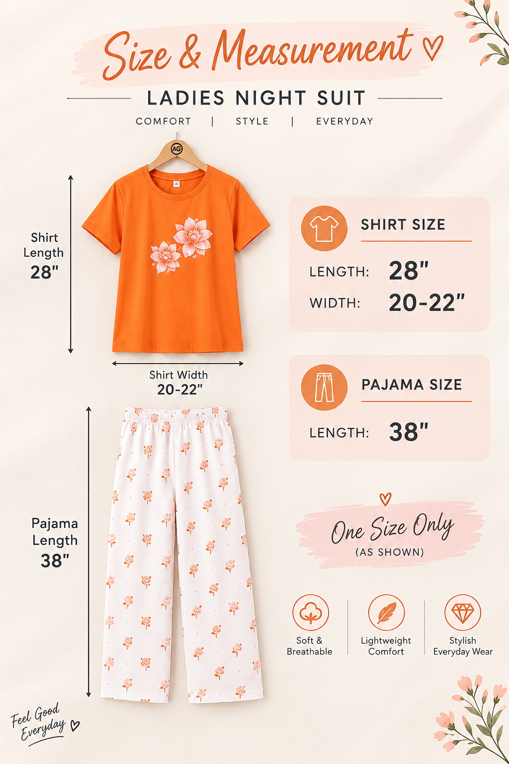 Orange Floral Print Cotton Jersey Ladies Night Suit