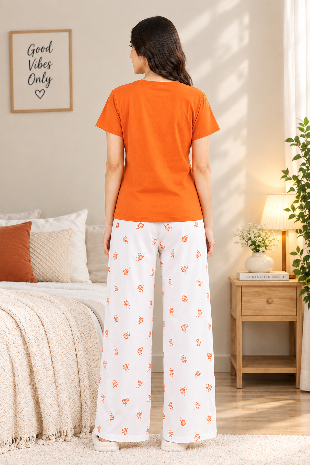 Orange Floral Print Cotton Jersey Ladies Night Suit