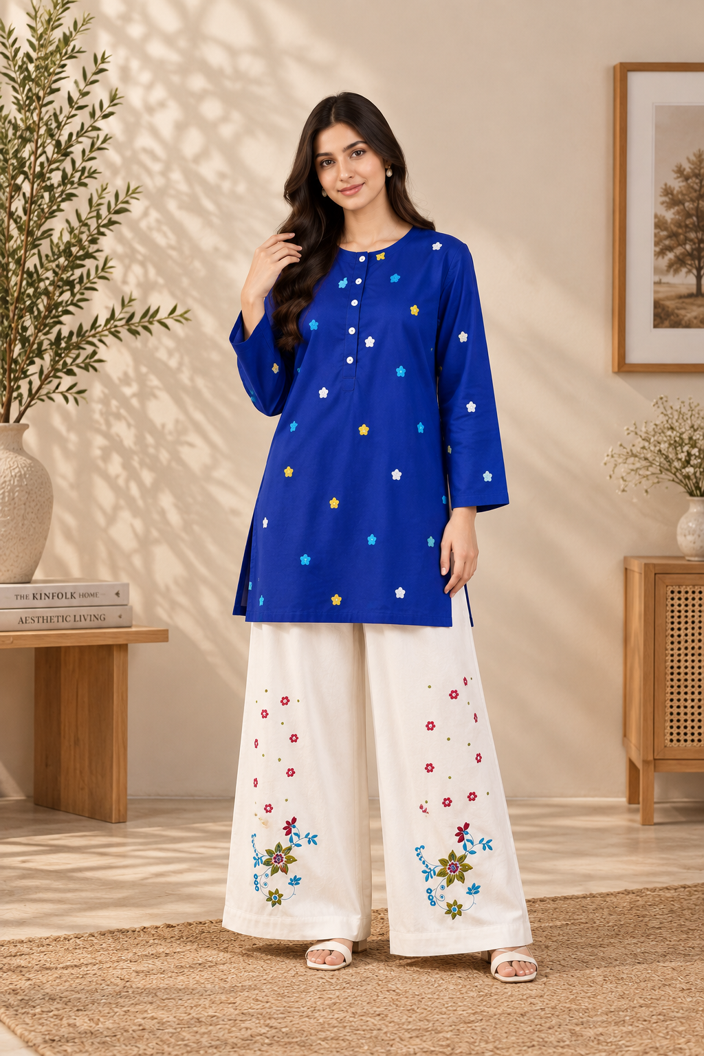 Blue Floral Cotton Shirt & White Embroidered Pants Set