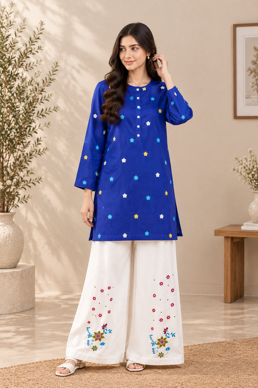 Blue Floral Cotton Shirt & White Embroidered Pants Set
