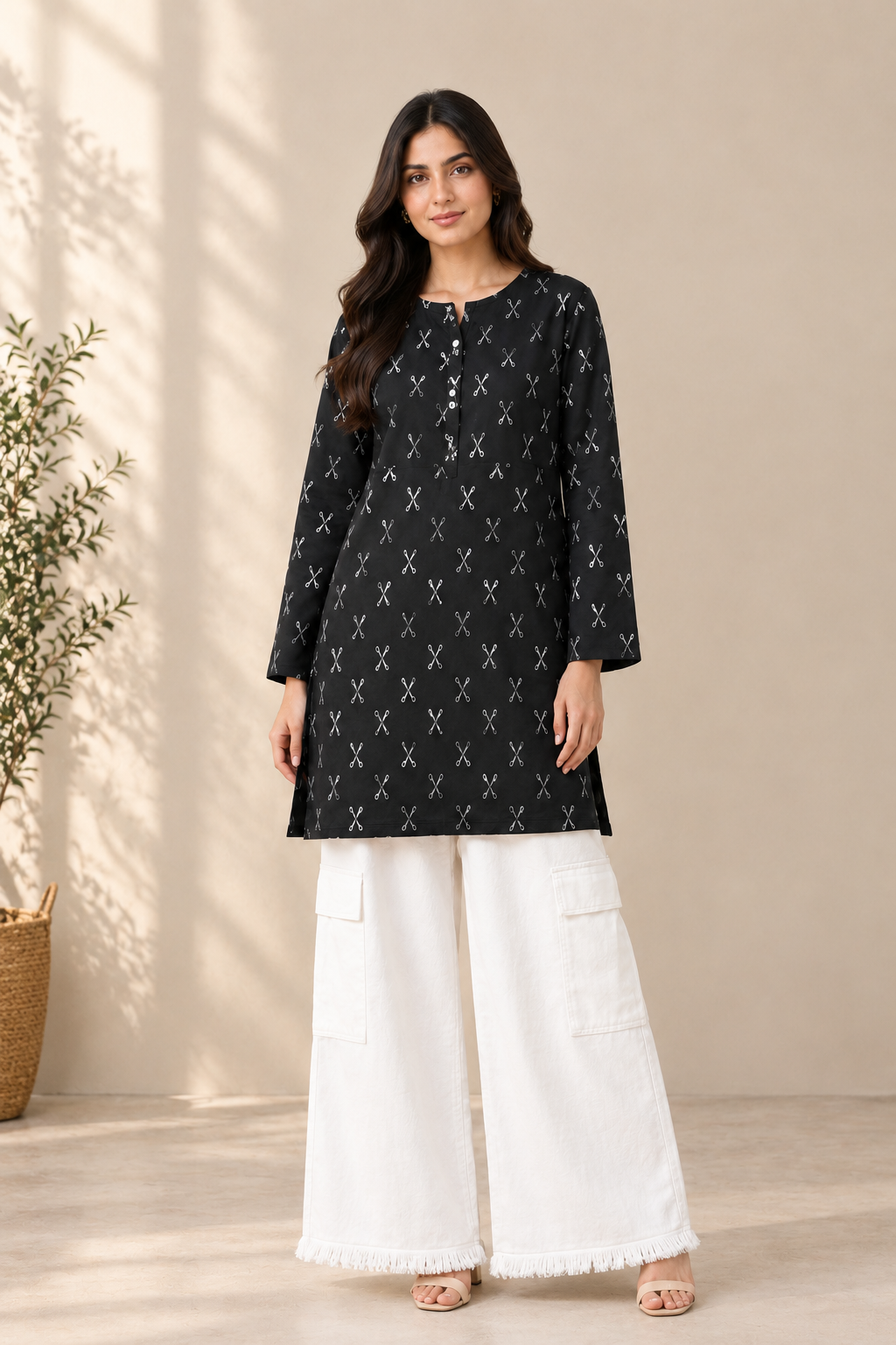Black Scissor Print Shirt & White Cargo Pants Set