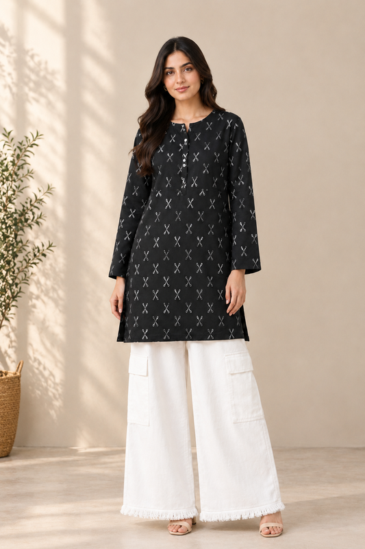 Black Scissor Print Shirt & White Cargo Pants Set