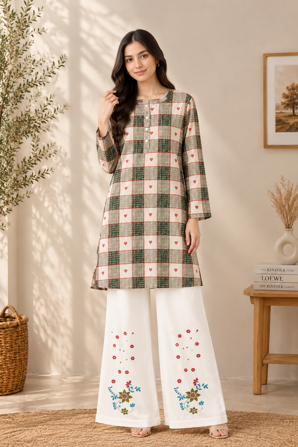 Checked Heart Print Cotton Shirt & White Embroidered Pants Set