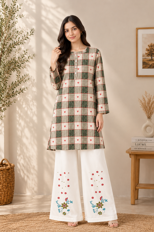 Checked Heart Print Cotton Shirt & White Embroidered Pants Set