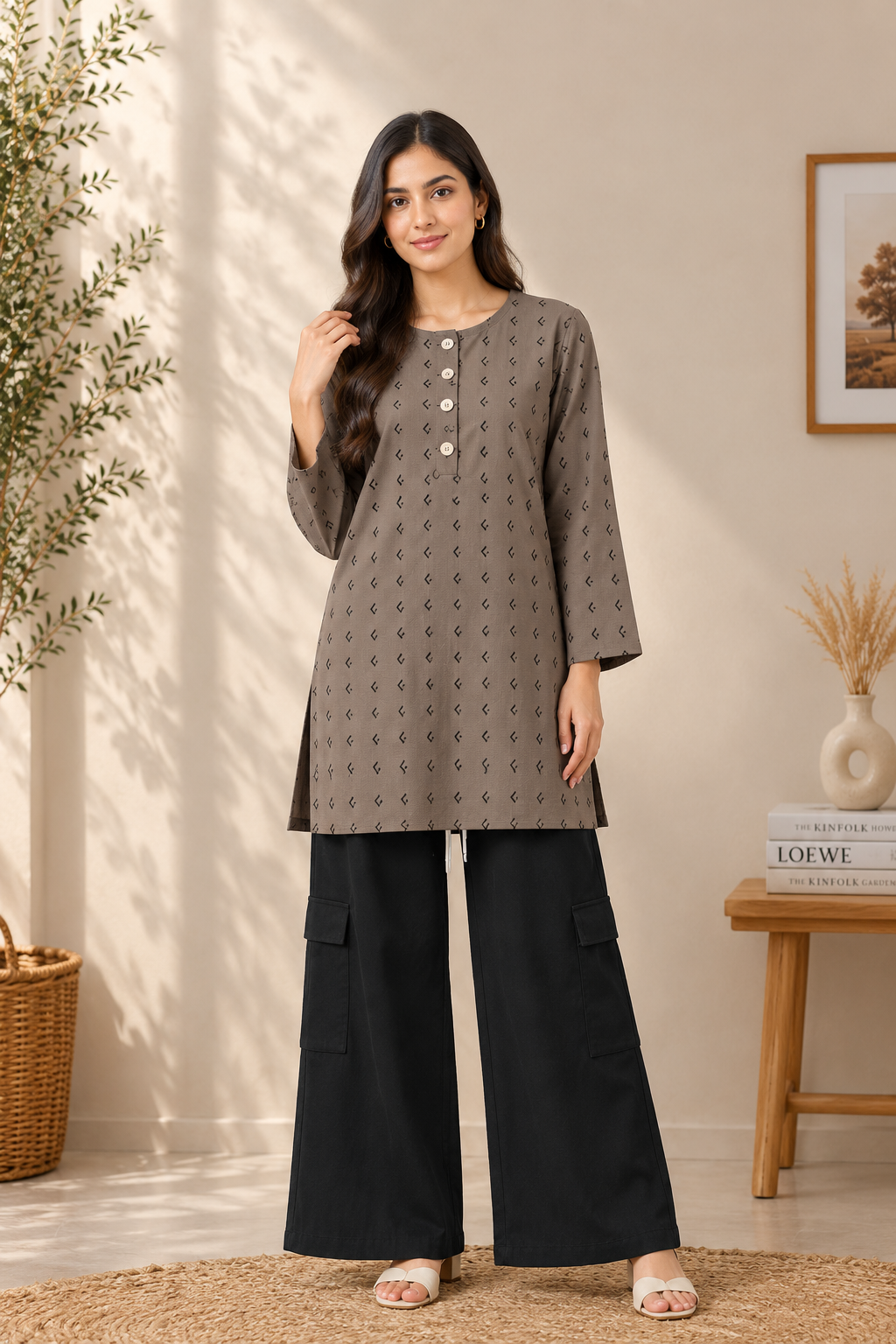 Taupe Printed Cotton Shirt & Black Cargo Pants Set
