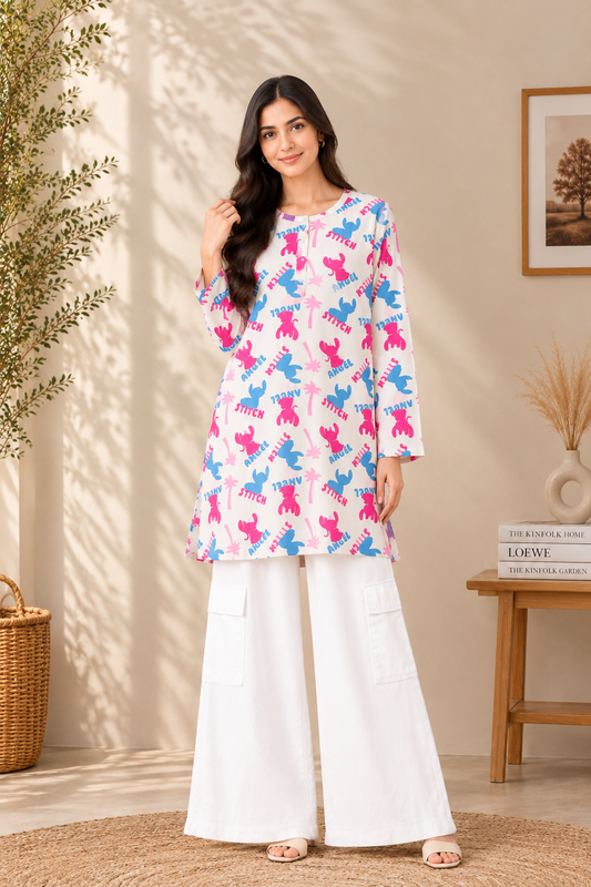 Colorful Printed Cotton Shirt & White Cargo Pants Set