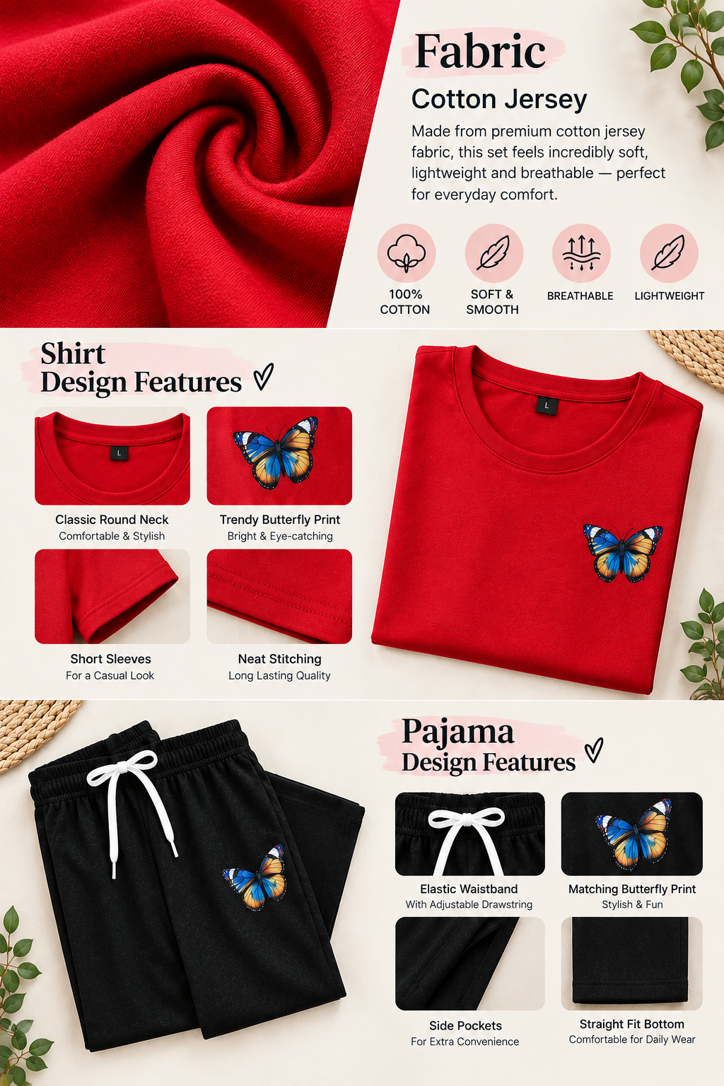 Red Butterfly Print Cotton Jersey T-Shirt & Black Pajama Set