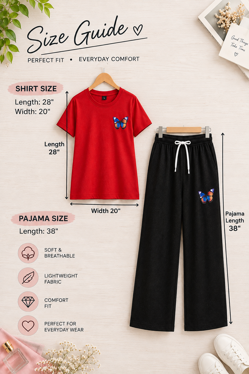 Red Butterfly Print Cotton Jersey T-Shirt & Black Pajama Set