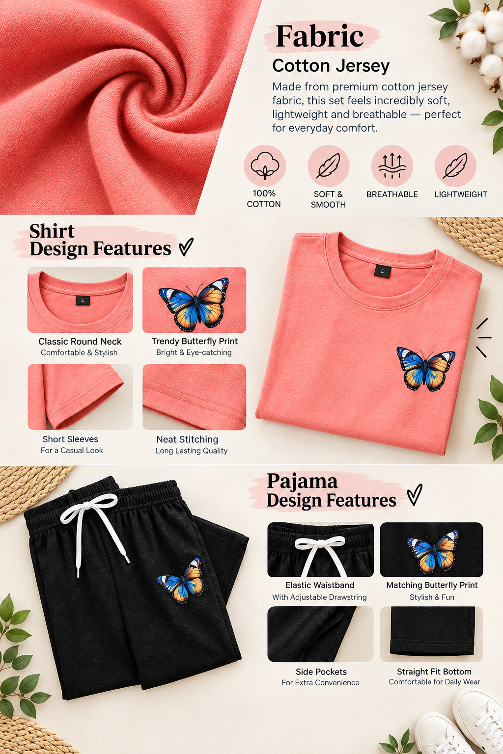 Peach Butterfly Print Cotton Jersey T-Shirt & Black Pajama Set