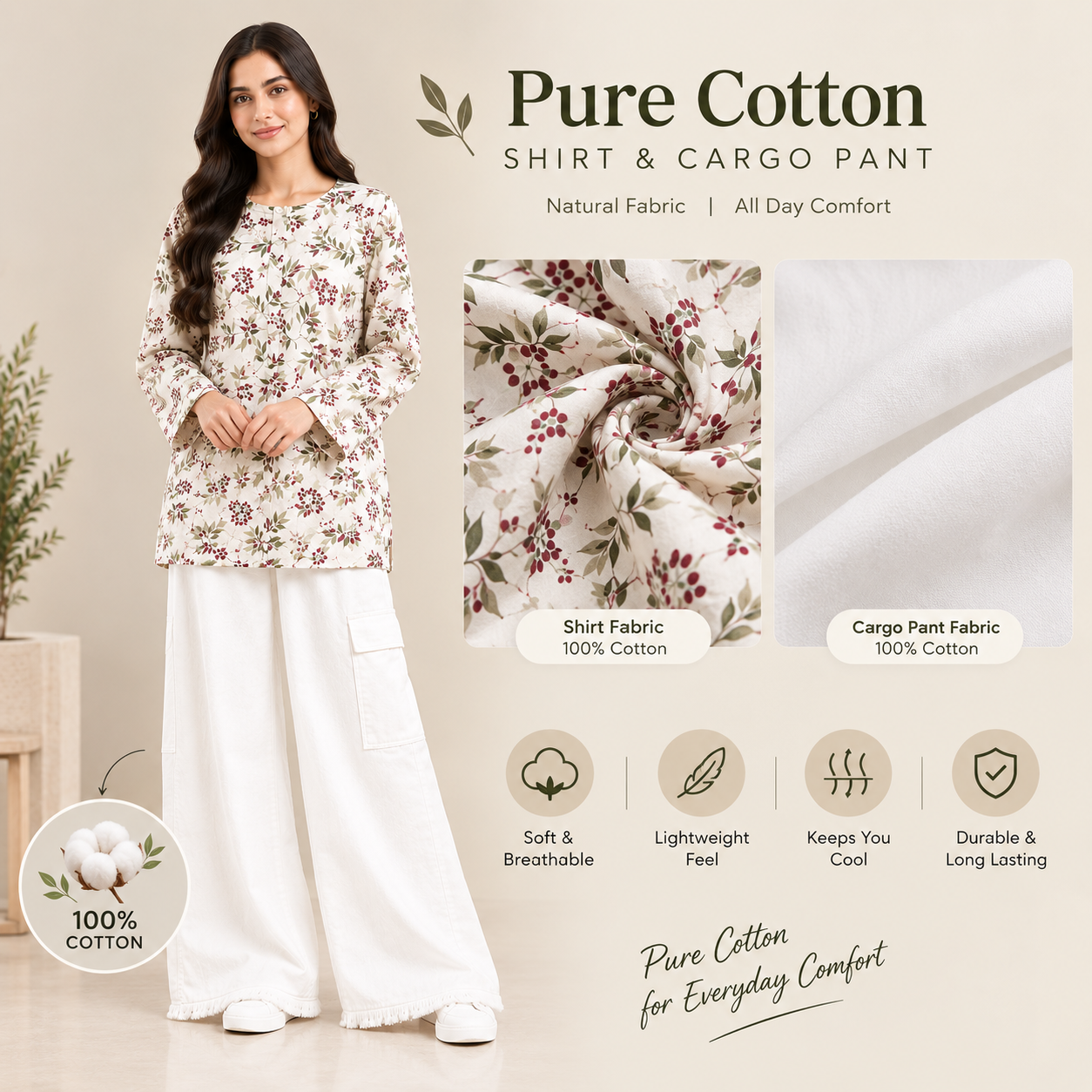 Imported Cotton Floral Shirt & Baggy Cargo Pants Set