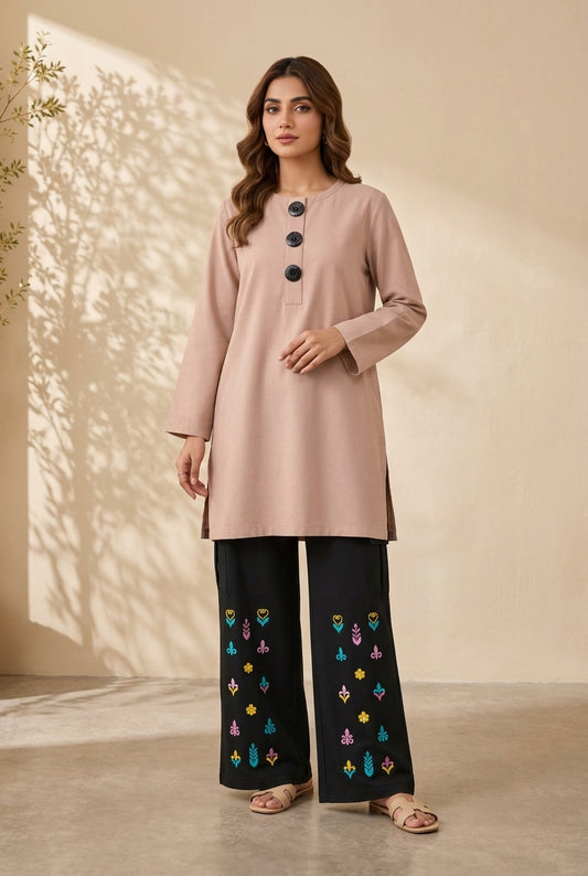Dusty Pink Cotton Shirt & Embroidered Black Wide-Leg Pants Set