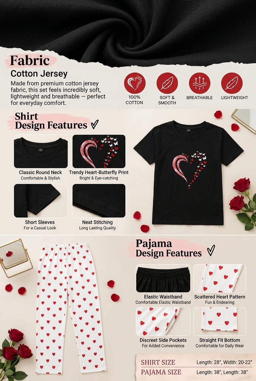 Black Heart Print Cotton Jersey T-Shirt & White Pajama Set