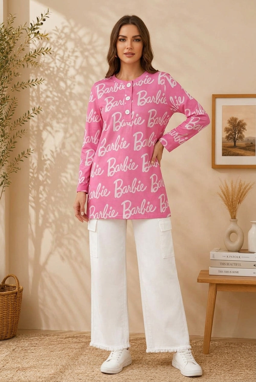 Pink Script Printed Cotton Shirt & White Wide-Leg Cargo Pants Set