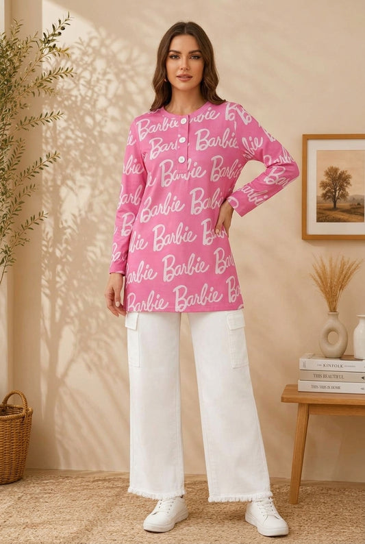 Pink Script Printed Cotton Shirt & White Wide-Leg Cargo Pants Set