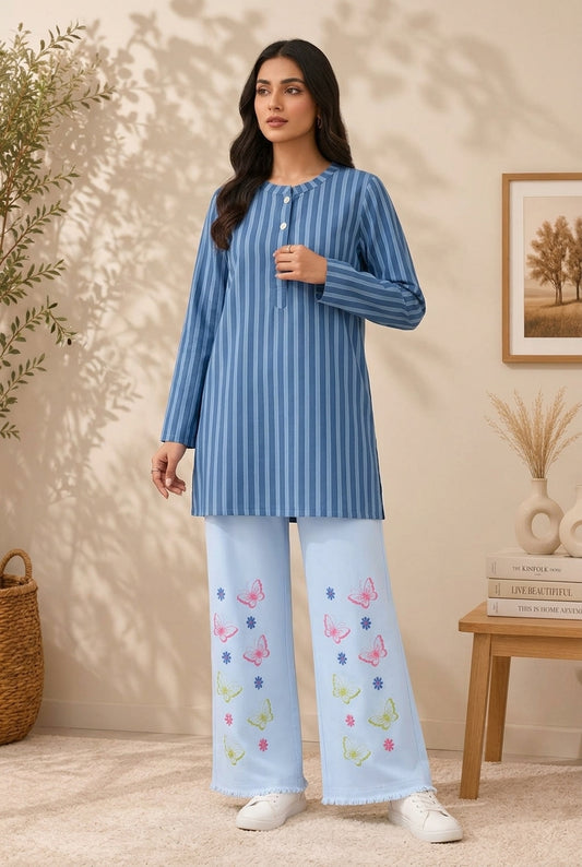 Blue Striped Cotton Shirt & Embroidered Light Blue Pants Set
