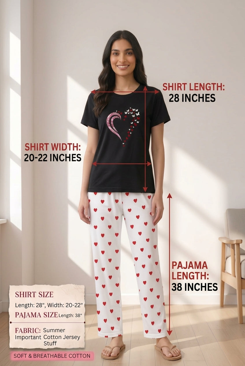 Black Heart Print Cotton Jersey T-Shirt & White Pajama Set